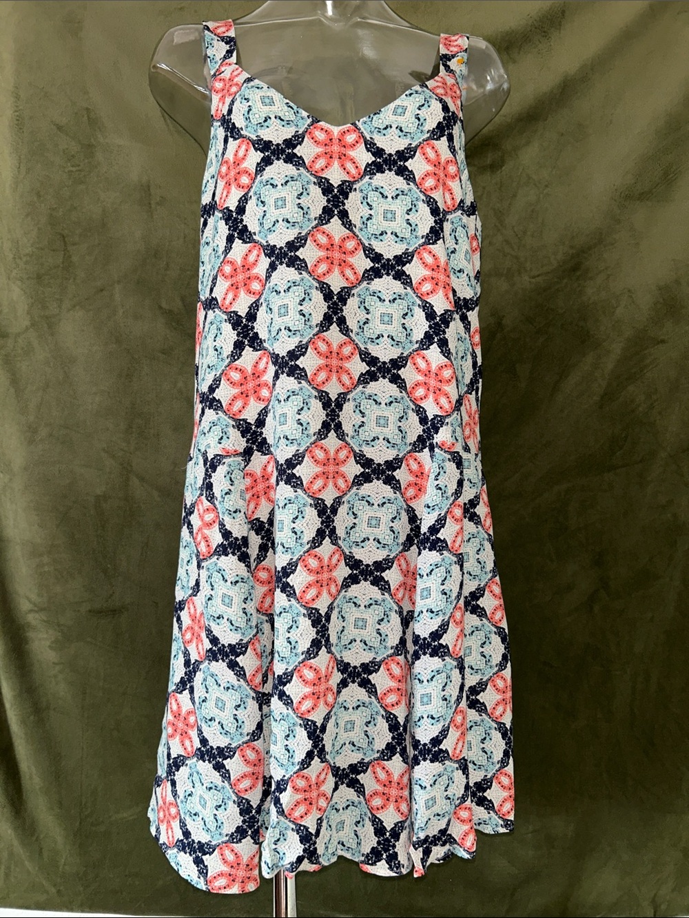 Sleeveless Printed Swing Skirt - Blue & Coral Pattern